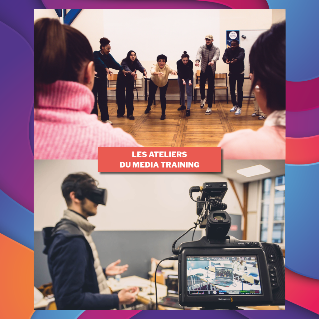 Montage photo d'un atelier de coaching vocal avec des étudiants et d'un étudiant qui teste un casque de réalité virtuelle